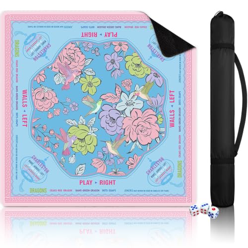 31.5" x 31.5" Floral Mahjong Mats with Rules, with Bag and Dice - color: Pink Blue