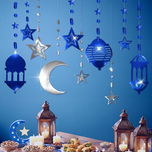 Cheerland Silver Blue Ramadan Decorations for Home Star Moon Lantern Garland Islamic Hanging Streamer Backdrop Eid Mubarak Decorations Lesser Bairam Holiday Celestial Banner Night Party Supplies 16pcs