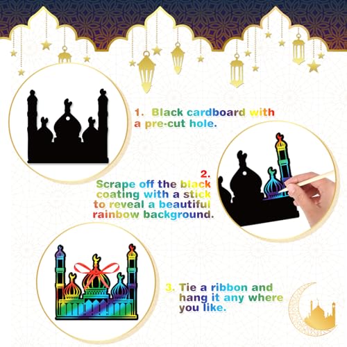HOWAF 36pcs Ramadan Mubarak Scratch Paper Art Kit, Eid Mubarak Rainbow Scratch Off Cards for Eid Holiday Activity School DIY Drawing Project Supplies, Ramadan Kareem Paper Scratch Pad