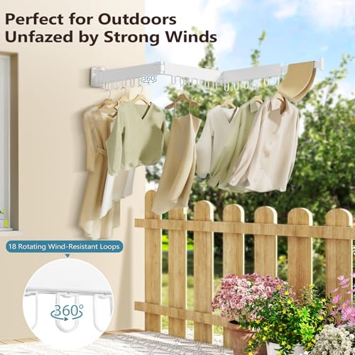JAUREE Clothes Drying Rack Wall Mounted, Space-Saving Drying Rack Clothing, Collapsible Foldable Retractable Laundry Rack with 18 Hooks, Indoor/Outdoor, White - color: White
