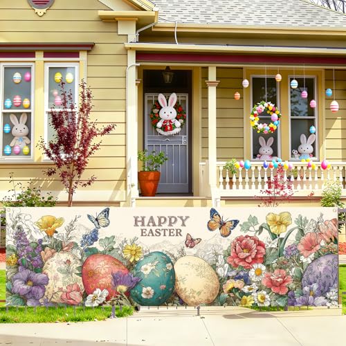 Happy Easter Fence Banner 118 x 35 Inch, Large Waterproof Outdoor Easter Eggs Banner with Flowers & Butterflies for Yard Porch Fence Spring Decorations - color: 229-1