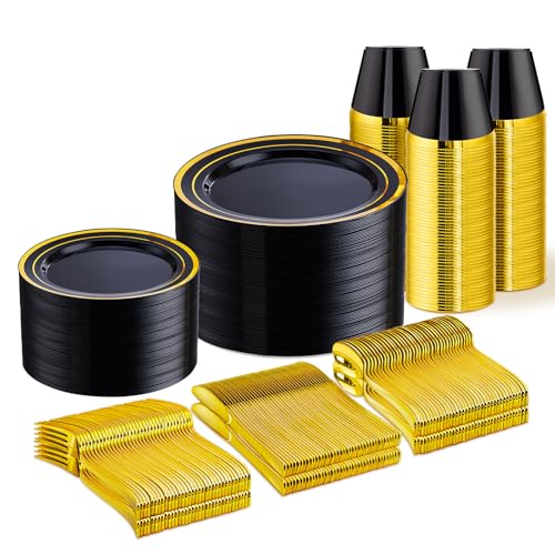 WELLIFE Black and Gold Plates, Plastic Dinnerware Set for 75 Guests - color: Black/Gold, size: 75 Guests