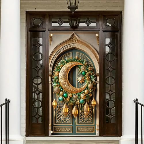 Ramadan Door Cover Banner 71x35inch Crescent Moon Lantern Star Green Gold Islamic Decoration Indoor Outdoor Front Door Porch Wall Hanging Eid Mubarak Decor - color: Style 3