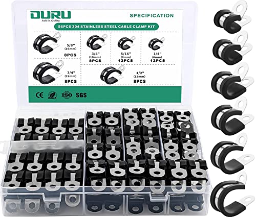 OURU 56PCS Cable Clamps Assortment Kit,Rubber Coated, 1/4"-3/4" 6 Sizes | 304 Stainless Steel, Anti-Vibration, Rust Resistant, Secure Hold, Automotive Wire, Pipe & Tube Mounting, Cable Management - size: 56pcs - 1/4", 5/16", 3/8", 1/2", 5/8", 3/4"
