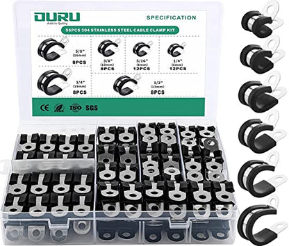 OURU 56PCS Cable Clamps Assortment Kit,Rubber Coated, 1/4"-3/4" 6 Sizes | 304 Stainless Steel, Anti-Vibration, Rust Resistant, Secure Hold, Automotive Wire, Pipe & Tube Mounting, Cable Management - size: 56pcs - 1/4", 5/16", 3/8", 1/2", 5/8", 3/4"