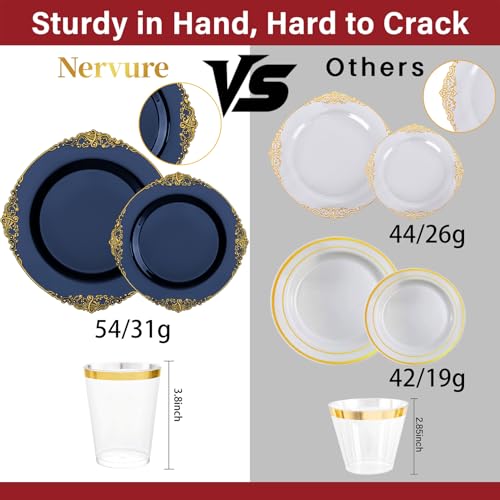 Nervure 175PCS Blue Plastic Plates - Blue Gold Plastic Dinnerware Set Disposable Include 50 Plates for Dinner and Dessert, 25Knives, 25Spoons, 25Forks, 25Cups, 25Napkins for Weddings & 4th of July - color: Navy, style: 175Pcs(25Guests)