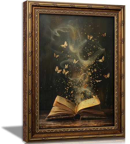 Vintage Gold Framed Victorian Bookish Wall Art Dark Academia Library Fantasy Mystical Canvas Print Reading Nook Butterfly Aesthetic Picture Wall Decor Gothic Bookclub Poster Artwork for Library - color: Modi Flower, size: 16"L x 12"W
