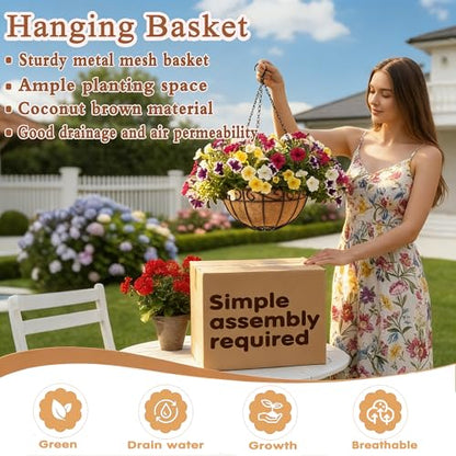 12 inch Metal Hanging Baskets For Plants Outdoor 4 Pack Round Metal Wire Hanging Basket Planter with Coco Fiber Liners Chain Round Wire Plant Holder for Garden, Patio, Deck, Porch Plants Flower Potss - size: 12 Inch, style: Flower Border