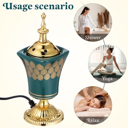 VOSAREA Electric Incense Burner, Arabian Style Electric Bakhoor Burner, 7.66 in Ceramic Censer for Home, Office, Yoga, Tea Room Tabletop Decor (Green, US Plug)