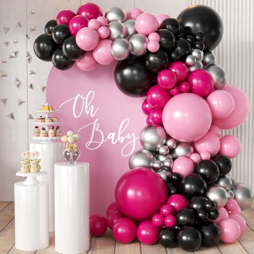 MEBAY Hot Pink Black Silver Balloon Garland Arch Kit, 166Pcs Red Black Pink Silver Balloons for Birthday Graduation Baby Shower Wedding Anniversary Bachelorette Party Decorations - color: Red-black-pink