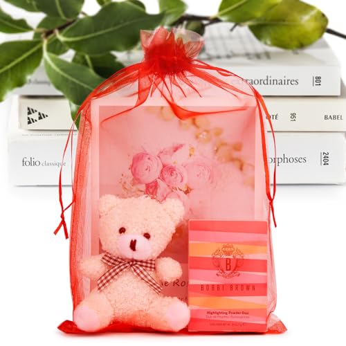ANZNKU 100 Pcs Large Organza Bags 8x12, Red Small Mesh Gift Bag Drawstring - color: Red