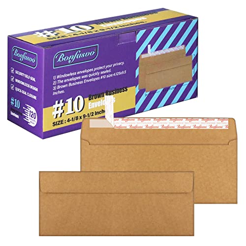 Bonfasvo 120 Pack #10 Brown Kraft Security Envelopes 4-1/8 x 9-1/2 inches Self Seal - color: Kraft