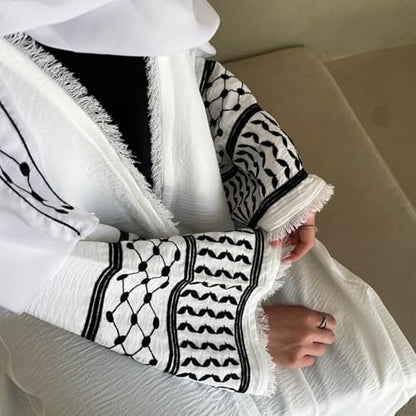 Women Ramadan Muslim Abaya Long Sleeve Embroidered Open Front Cardigan Kimono Turkey Dubai Kaftan - color: White, size: Large