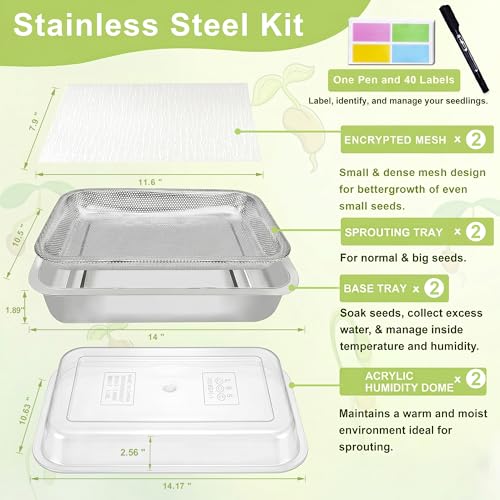 Microgreens Growing Kit with Lids 2-Tier 14 Inch Trays | Stainless Steel Seed Sprouter with 0.3mm Encrypted Silicone Mesh, Beans Broccoli Alfalfa and Wheatgrass Sprouts Growing Kit - size: 14"L × 10.5"W Tray with Lid