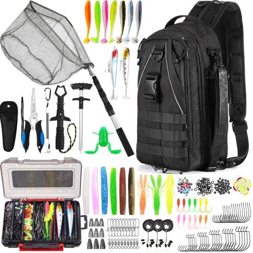 RoundFunny 256 Pcs Fishing Backpack with Tackle Box Gears, Tackle Sling Bag Backpack, Fishing Hook, Lures, Retractable Landing Net, Plier, Lip Gripper, Hook Remover, Fish Gift Men - color: Black