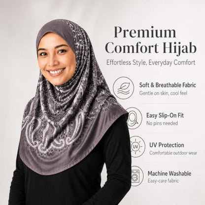 Instant Hijab – 여성용 원피스 슬립온 키마르 | 기도 및 단정한 착용을 위한 꽃무늬 프린트 저지 스카프 - color: Mg-hhj-703
