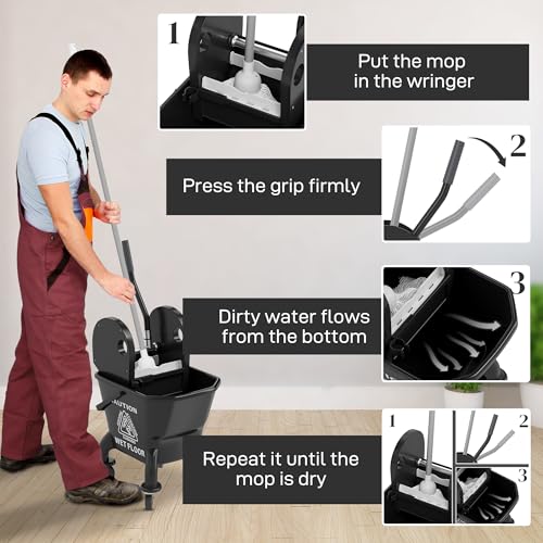 HOMCOM Mop Bucket with Wringer on Wheels, 27.5 Quart, with Mop, Black | Down Press Wringer, Handle and Mop, Floor Cleaning - color: Black, size: 27.5 Quart