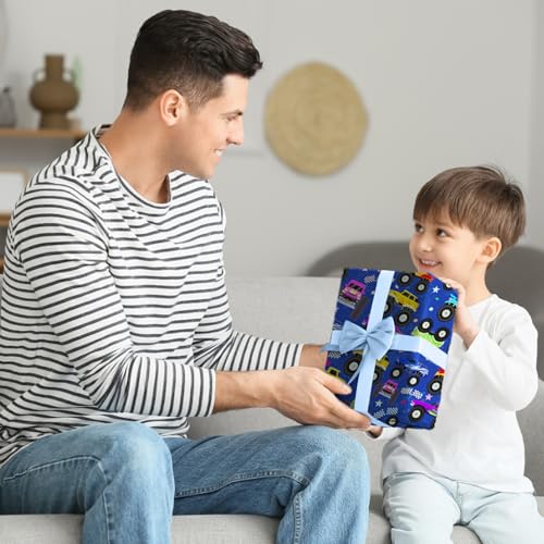 Cuitpan Monster Truck Wrapping Paper - Colorful Monster Trucks with Stars, Dots & Fun Patterns Design - Ideal for Kids & Car Enthusiasts Gift Wrapping - 40×28 Inches, 4 Folded Sheets - color: Blue-Monster Trucks