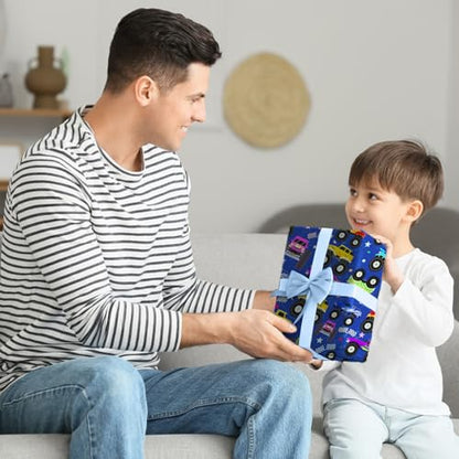 Cuitpan Monster Truck Wrapping Paper - Colorful Monster Trucks with Stars, Dots & Fun Patterns Design - Ideal for Kids & Car Enthusiasts Gift Wrapping - 40×28 Inches, 4 Folded Sheets - color: Blue-Monster Trucks