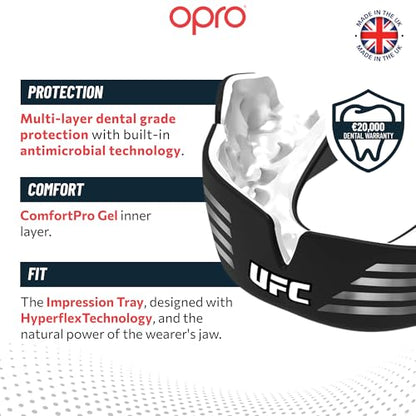 OPRO Instant Custom-Fit Mouth Guard, Dentist-Level Comfort, Protection & Fit - Moldable Mouthguard for Football, Boxing, Rugby, MMA, BJJ, UFC Mouth Piece- Includes Mouth Guard Case (UFC Black, Adult) - color: Ufc Strike - Silver/Black