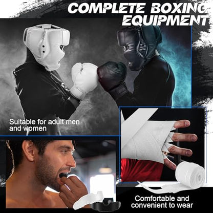 Kanayu 14 Pcs Boxing Gloves and Headgear Set for Beginners Youth 16 Ounce Boxing Gloves Headgear Helmet Hand Wraps Mouth Guards Equipment for Beginners Training Equipment Gifts - color: Black, White