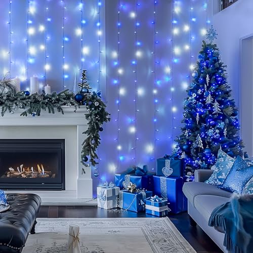 JMEXSUSS 300LED Christmas Curtain Lights Plug in, Blue and White, 9.8x9.8ft - color: Blue and White, size: 300 LED