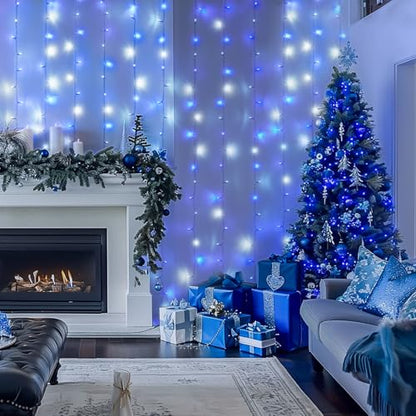 JMEXSUSS 300LED Christmas Curtain Lights Plug in, Blue and White, 9.8x9.8ft - color: Blue and White, size: 300 LED