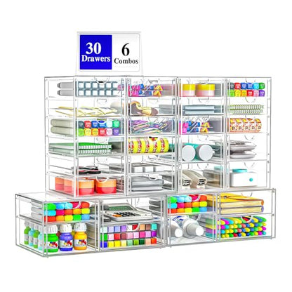 ARSTPEOE 30-Drawer Acrylic Storage & Makeup Organizer for Desk, Bath | Smooth-glide drawers, clear acrylic, stackable , dustproof, wipe-clean, for perler beads, rhinestones, googly eyes, lego bits - size: 30 Drawers
