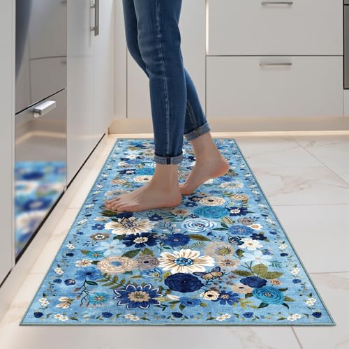 Blue Garden Floral Hallway Runner Rug 2x5for Bedroom Kitchen - color: Blue, size: 2' x 5' (Rectangular)