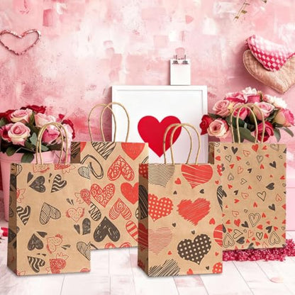 piqiya 24pcs Valentine Gift Bags Bulk,Kraft Paper Gift Bag with Handle,Valentines Gift Bags for Gift Wrapping,Anniversary,Valentine‘s Day Party - color: mix heart