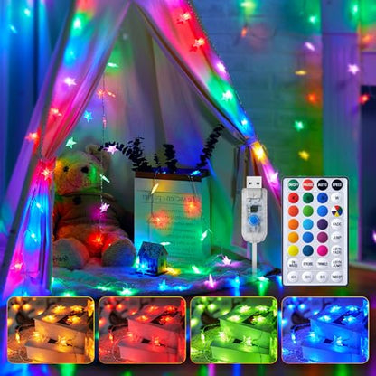 Minetom USB 스타 스트링 조명 - 11.9m(38피트) 100가지 LED 색상 변경 별 요정 조명, 리모컨 및 타이머 포함, 16가지 단일 색상 및 7가지 모드 별이 빛나는 조명, 침실 기숙사 텐트 침대 파티오 크리스마스 파티 실내용 - size: 39 FT