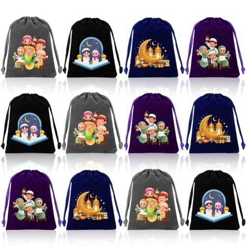 12 Pcs Mini Ramadan Velvet Drawstring Bags,Eid Mubarak Gift Bags Islamic Mosque Moon Star Drawstring Pouches Dice Jewelry Packing Bag for Arabic Muslim Islam Eid al-Adha Party Favor,2.7x 3.5 Inch