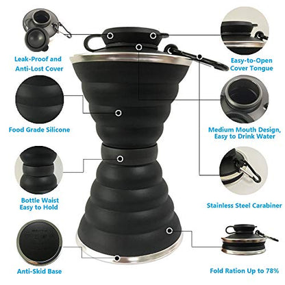 Collapsible Water Bottle, Camping Cup With Carabiner, Reuseable Silicone Foldable Leak Proof Portable Sports Travel Water Bottles For Outdoor, Travel Gym Hiking, BPA Free, Cycling Cups with Carabiner