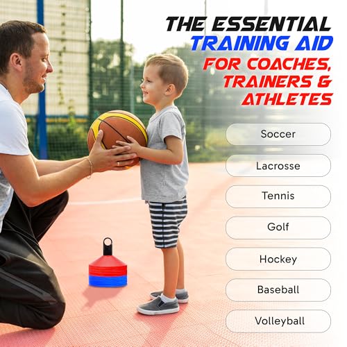 Pro Disc Cones (Set of 50) - Agility Soccer Cones with Carry Bag and Holder for Sports Training, Football, Basketball, Coaching, Practice Equipment, Kids - Includes 15 Best Cone Drills Book - color: Bright Orange