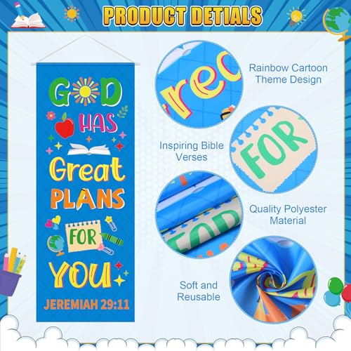 Panelee 4 Pcs Church Banners for Sanctuary Wall Rainbow Cartoon Church Banners with Scripture Inspirational Religious Praise Bible Verses Hanging Backdrop Signs for Sunday School Worship Decoration - style: Bible Cartoon