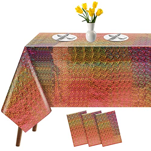 3 Pack Iridescent Tablecloth, 54" x 108" Birthday Party Table Cloths Iridescence Plastic Disposable Table Covers Iridescent Party Decorations, Birthday Decor Tablecloth for Buffet Table - color: Rose Gold