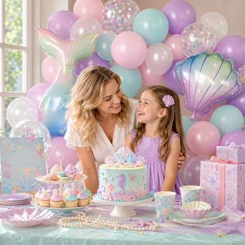 Mermaid Balloons, 12 Inch Pink Purple Balloons with Seashell Foil Balloons - color: Pink, size: 30PC