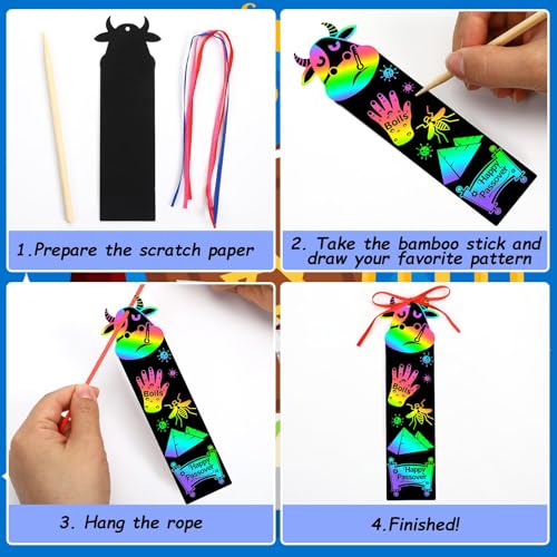JUNEBRUSHS 30Pcs Passover Scratch Bookmarks, Rainbow Magic Scratch Paper Art Passover DIY Craft Kit for Students Classroom Activity Party Favors - style: Passover Style