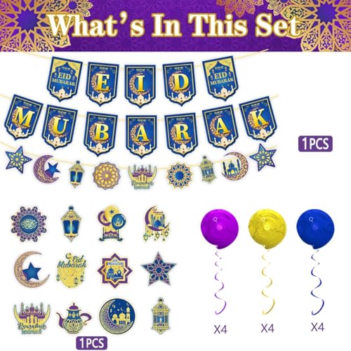 Ramadan Decorations for Home,Blue and Gold Ramadan Eid Mubarak Banner, Hanging Swirls Streamer Bunting for Muslim Islamic Kareem Festival Al-Fitr Iftar Party Favors Supplies