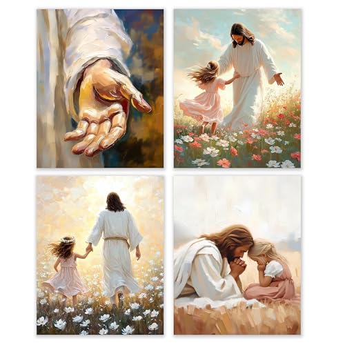 BESERH Jesus Wall Decor, Jesus and Girl Christian Wall Art Prints, Watercolor Floral Christian Religious Posters for Girls Room Nursery Bedroom Home, 8x10 Inches Set of 4 Unframed - color: Christian-E
