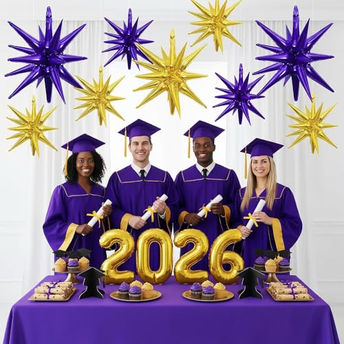 9Pcs Purple and Gold Star Balloons, Large Spike Foil Balloons Party Decor - color: Gold + Dark Purple