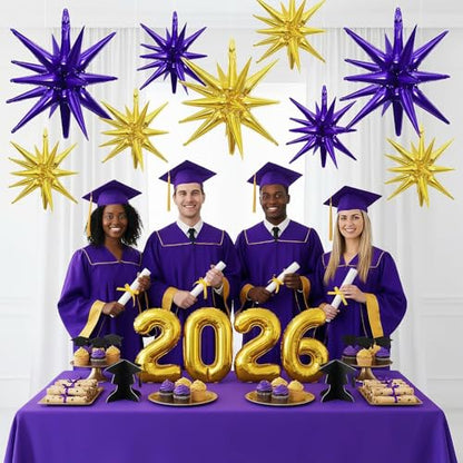 9Pcs Purple and Gold Star Balloons, Large Spike Foil Balloons Party Decor - color: Gold + Dark Purple