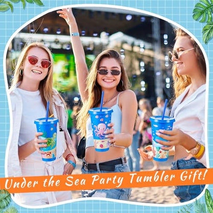 Chuangdi 12 Pcs Under The Sea Party Cups 24 oz Reusable Plastic Tumblers with Lids and Straws Themed Drinking Cups for Birthday Decorations Ocean Sea Party Favors Supplies Gifts - style: Sea