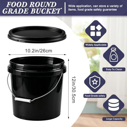 Mumufy 10 Pcs 3.5 Gallon Round Food Grade Bucket with Lid Plastic Buckets Pail with Handle Lid Heavy Duty Buckets for Storing Dry Food Charcoal Camping Fishing(Black) - color: Black, style: Round