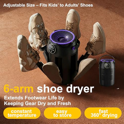 6-Arm Boot and Glove Dryer Family Size – Forced Air Boot Dryer with Heat Blower & Timer. Foldable Ski Boot Dryer, Warmer & Hockey Equipment Dryer for Shoes, Ski Gloves, Hats – Adjustable Rack(Black) | Heat blower, 3/6/9H timer, auto shutoff, dries 3 pairs