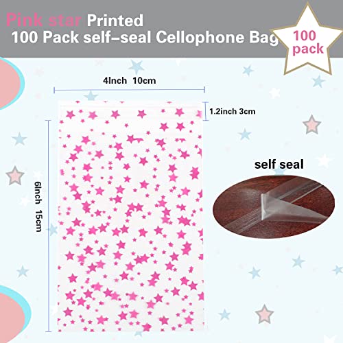 COQOFA 100 Pcs Star Printed Sealable Gift Wrap Cello Cellophane Bags Self sealing Adhensive Treat Bags Party Favor bags (4x6inch, Pink) - color: Pink(Self-sealing), size: 4x6 in