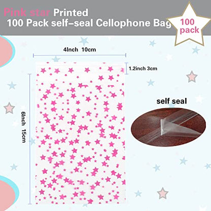 COQOFA 100 Pcs Star Printed Sealable Gift Wrap Cello Cellophane Bags Self sealing Adhensive Treat Bags Party Favor bags (4x6inch, Pink) - color: Pink(Self-sealing), size: 4x6 in