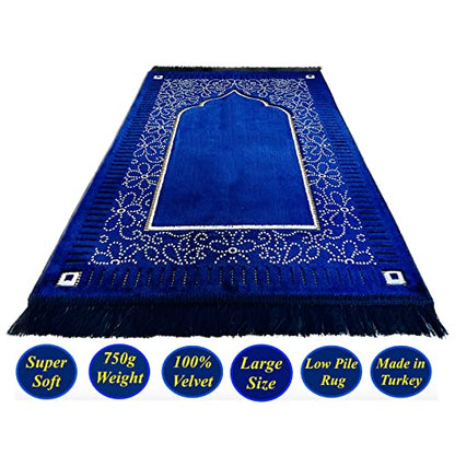 Mihrab Patterned Original Luxury Velvet Prayer Mat/Rug- 750g Weight | Made in Turkey (Navy Blue) - color: Navy Blue