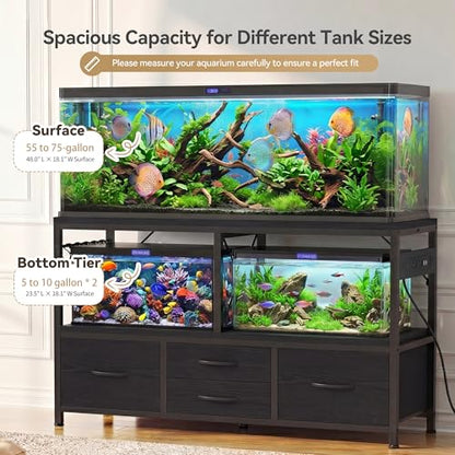 Heybly 55-75 Gallon Fish Tank Stand, Aquarium Stand with Drawer, Power Outlet, Heavy Duty Metal Frame, for Fish Tank, Turtle & Reptile Terrarium, 36.2" L × 18.1" Top, 660lbs (Top)+400lbs(Mid), Black HAS005BK - color: Black, size: 55-75 gal