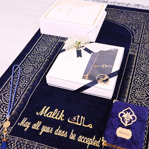 IEF Personalized Prayer Mat Quran Bead Set Eid Gifts, Muslim Wedding Gifts Birthday Gifts for Men, Father's Day Gifts, Prayer Rug Pearl Prayer Beads Arabic Quran (Navy Blue) - color: Navy Blue